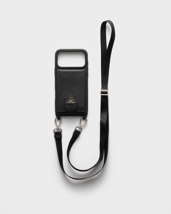 Capa em couro Saffiano para iPhone 17 Pro Max com alça de ombro