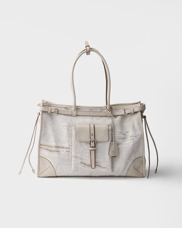 Bolsa tote de linho estampado e couro Prada Bonnie