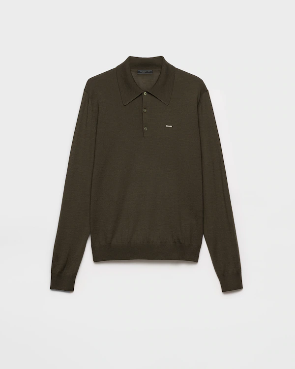 Pulôver de malha de lã superfinas com gola polo de mangas compridas